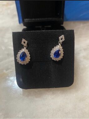 Blue & White Sapphire Drop Earrings Sterling Silver Pear Cut Flower Shaped